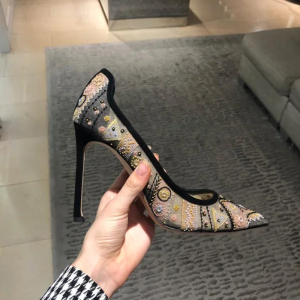 Chic Noire Cocktail Cuir Escarpins 2020 En Dentelle Brodé 9 cm Talons Aiguilles À Bout Pointu Escarpins