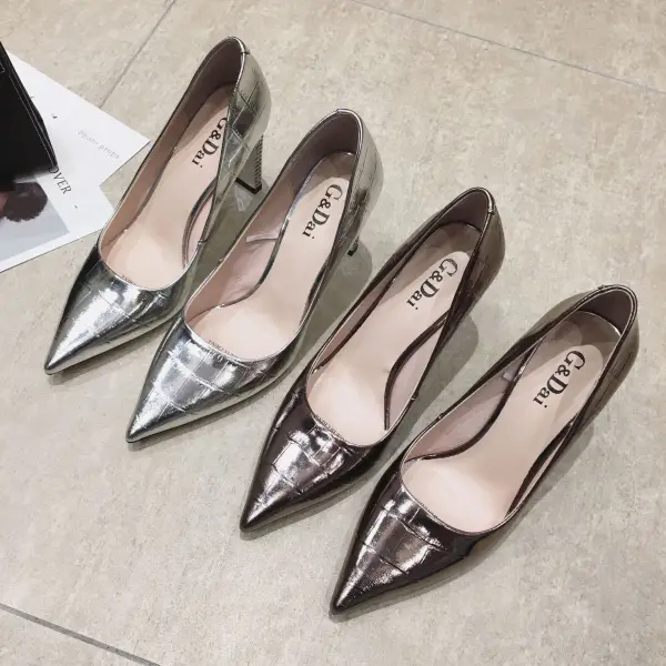 Silber Strassenmode Leder Herbst Frühling Sommer Thick Heels 8 cm Pumps 8 cm / 3 inch Spitzschuh 2020 Edles Pumps