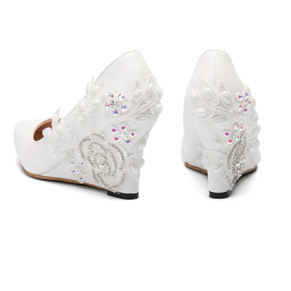 Élégant Ivoire Promo En Dentelle Chaussures Femmes 2020 Perle Faux Diamant À Bout Pointu 8 cm Compensées