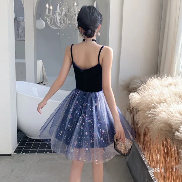 Sexy Bleu Marine Daim Robe De Fete 2021 Princesse Bretelles Spaghetti Étoile Paillettes Sans Manches Dos Nu Courte Cocktail Soirée Robe De Ceremonie