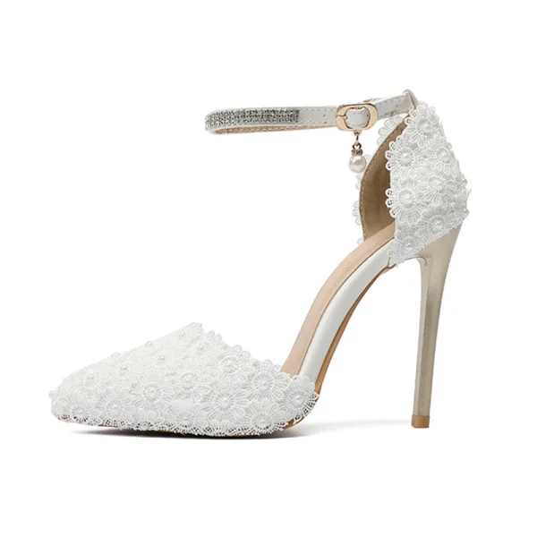 Elegant Ivory Lace Flower Wedding Shoes 2020 Pearl Rhinestone Ankle Strap 11 cm Stiletto Heels Pointed Toe Wedding Heels