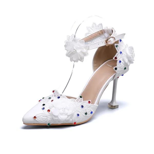 Chic / Belle Ivoire Promo Chaussures Femmes 2020 En Dentelle Fleur Appliques Faux Diamant Bride Cheville 6 cm Talons Aiguilles À Bout Pointu Talons