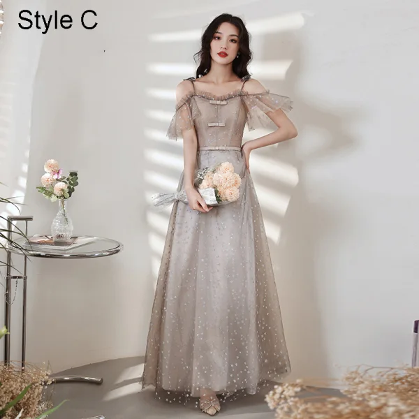 Elegant Grey Lace Star Bridesmaid Dresses 2021 A-Line / Princess Square Neckline Bow Short Sleeve Backless Floor-Length / Long Bridesmaid Wedding Party Dresses