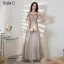 Elegant Grey Lace Star Bridesmaid Dresses 2021 A-Line / Princess Square Neckline Bow Short Sleeve Backless Floor-Length / Long Bridesmaid Wedding Party Dresses