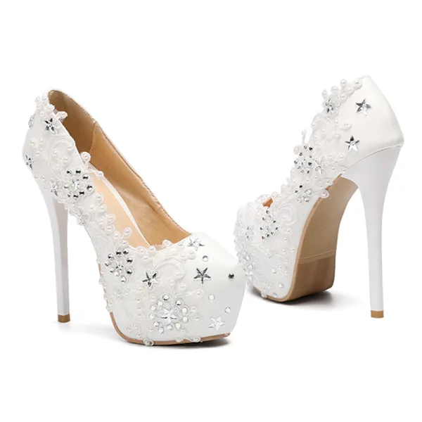 Fashion Ivory Wedding Shoes 2020 Rhinestone Lace Flower 14 cm Stiletto Heels Round Toe Wedding Pumps