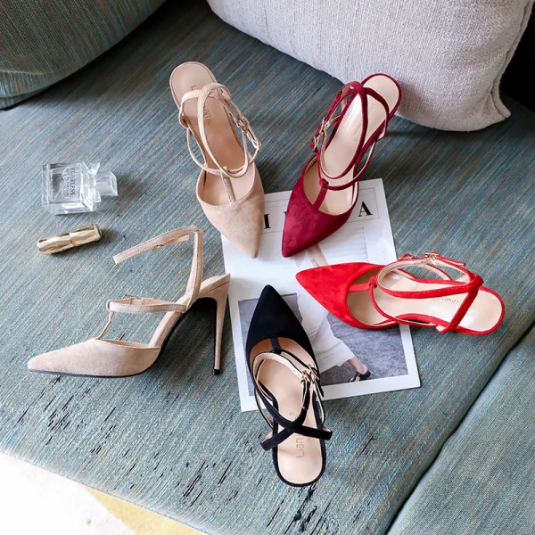 Mode Nues Vêtement de rue Cuir Sandales Femme 2020 Bride Cheville 10 cm Talons Aiguilles À Bout Pointu Sandales