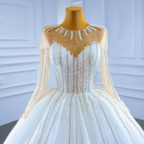 High-end Elegant White Rhinestone Wedding Dresses 2021 Ball Gown Scoop Neck Beading Sequins Long Sleeve Chapel Train Wedding