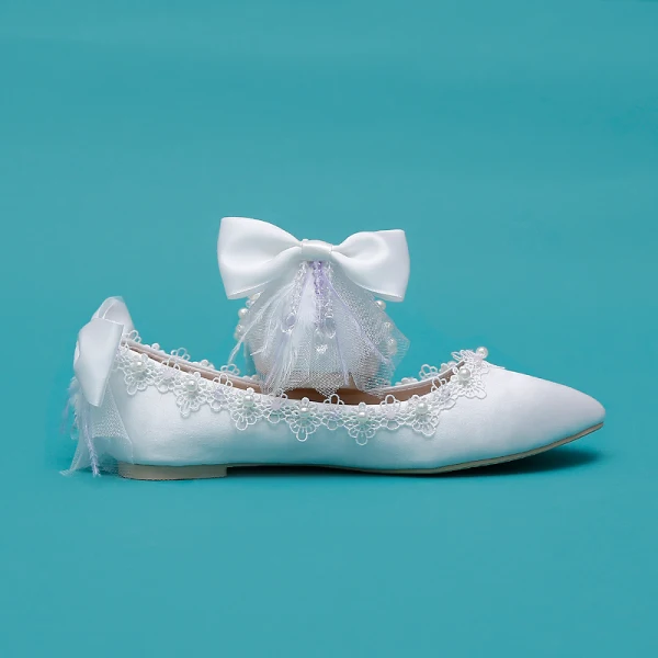Élégant Ivoire Satin Plate Chaussure De Mariée 2020 Perle En Dentelle Fleur Noeud À Bout Pointu