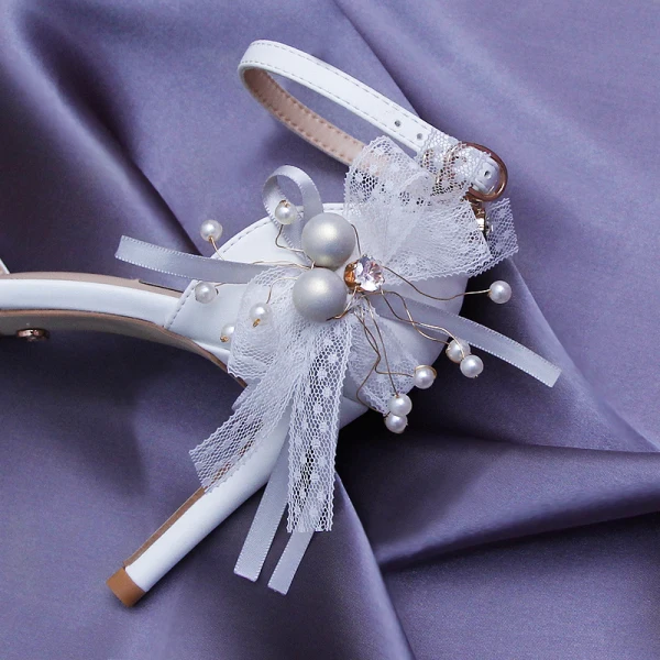 Amazing / Unique Ivory Wedding Shoes 2020 Lace Pearl Rhinestone Bow Ankle Strap 9 cm Stiletto Heels Pointed Toe Wedding Heels