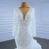 High-end Ivory Handmade  Beading Pearl Wedding Dresses 2021 Trumpet / Mermaid Cascading Ruffles Scoop Neck Long Sleeve Chapel Train Wedding