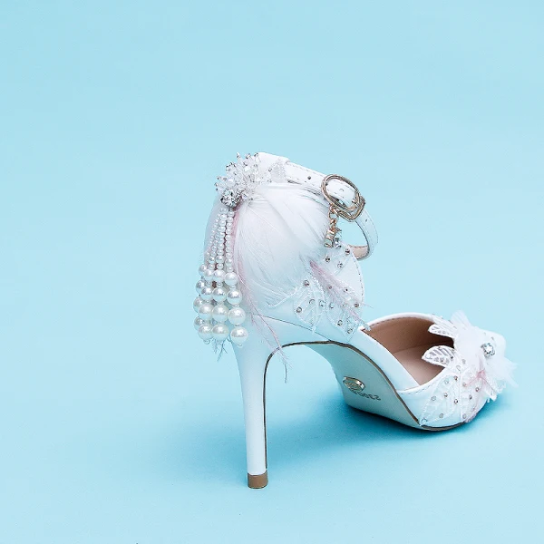 Élégant Ivoire Chaussure De Mariée 2020 Plumes Bride Cheville Perle Gland Appliques Faux Diamant 9 cm Talons Aiguilles À Bout Pointu Mariage Talons