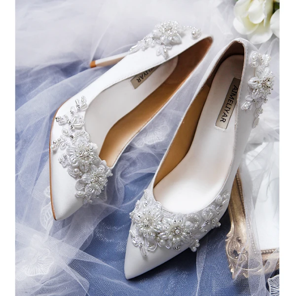 Elegant Ivory Beading Wedding Shoes 2020 Leather Crystal Rhinestone Pearl 9 cm Stiletto Heels Pointed Toe Wedding Pumps