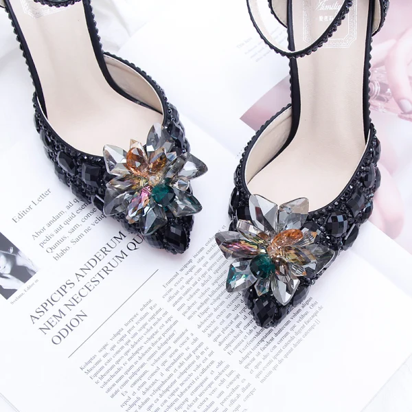 Charming Black Evening Party Crystal Ankle Strap Womens Shoes 2020 9 cm Stiletto Heels Pointed Toe High Heels