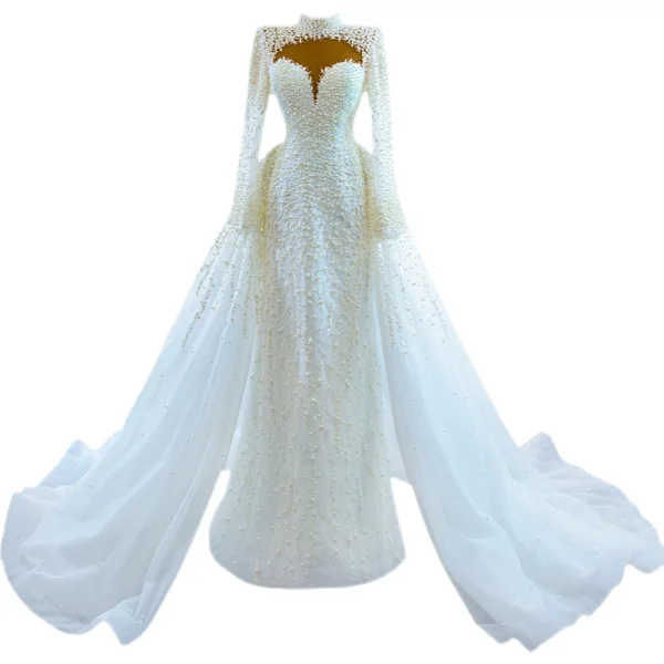 High-end Luxury / Gorgeous Ivory Handmade  Beading Pearl Sequins Wedding Dresses 2021 Trumpet / Mermaid High Neck Long Sleeve Court Train Wedding