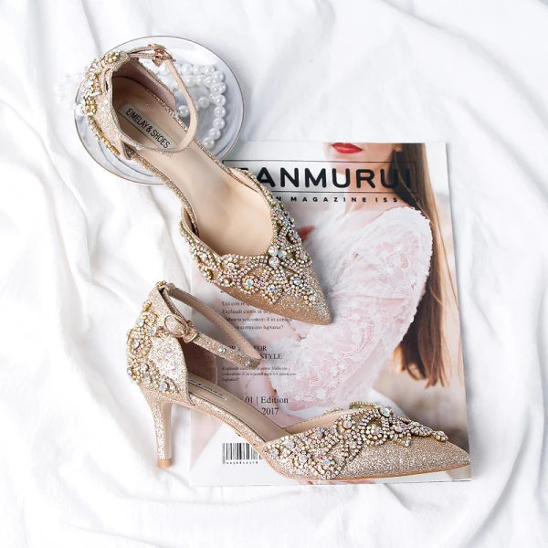 Scintillantes Doré Faux Diamant Chaussure De Mariée 2020 Cuir Glitter Paillettes Bride Cheville 9 cm Talons Aiguilles À Bout Pointu Mariage Talons
