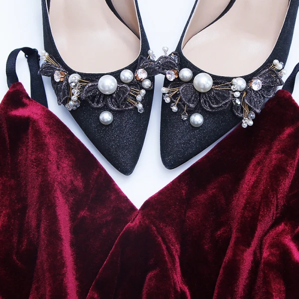 Elegant Black Cocktail Party Leather Glitter Pumps 2020 Pearl Lace Flower 7 cm Stiletto Heels Pointed Toe Pumps