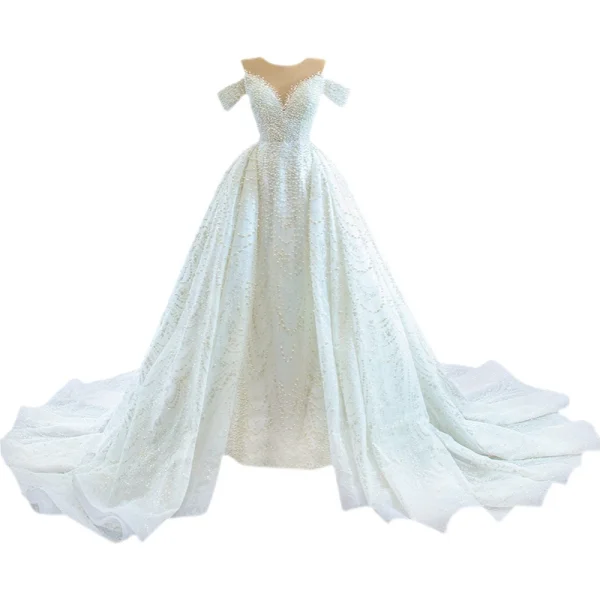 Illusion High-end Ivory Beading Pearl Wedding Dresses 2021 A-Line / Princess Scoop Neck Glitter Sleeveless Sequins Cathedral Train Wedding