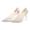 Chic / Beautiful Ivory Lace Flower Wedding Shoes 2020 Leather 8 cm Stiletto Heels Pointed Toe Pierced Wedding Pumps