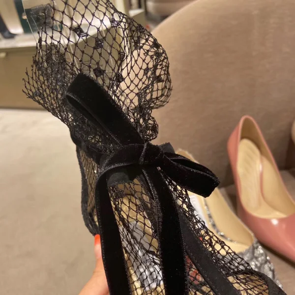 Sexy Black Street Wear Lace Womens Sandals 2020 Bow Ankle Strap 9 cm Stiletto Heels Pointed Toe Pumps