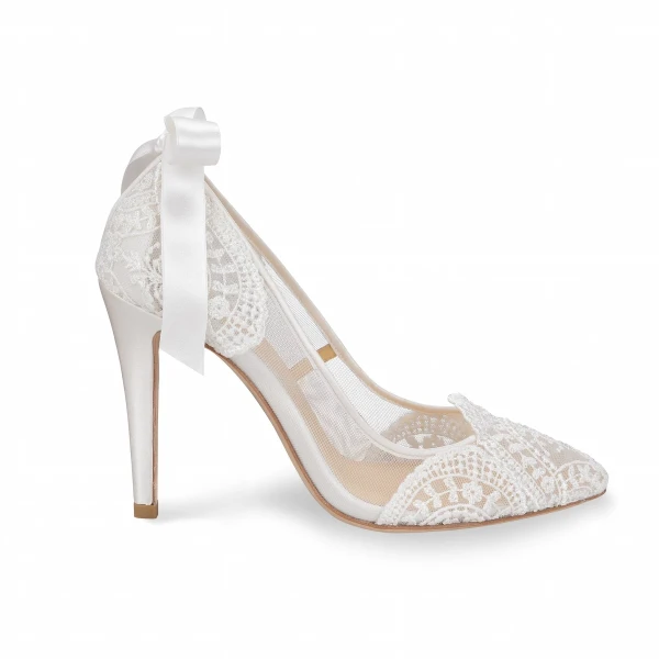 Elegant Ivory Lace Wedding Shoes 2020 Bow 6 cm Stiletto Heels Pointed Toe Wedding Pumps