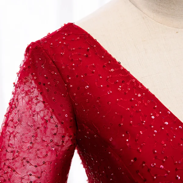 Élégant Rouge Robe De Bal 2020 Princesse V-Cou Noeud Perlage Paillettes 1/2 Manches Dos Nu Longue Robe De Ceremonie