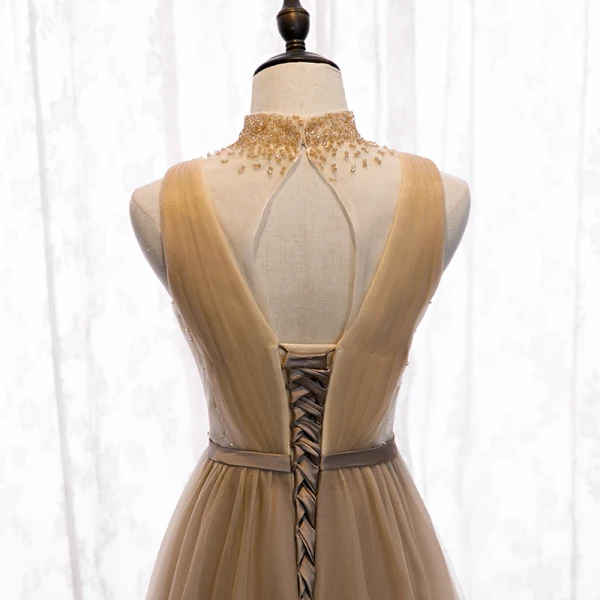 Charming Champagne Evening Dresses 2020 A-Line / Princess High Neck Beading Crystal Sleeveless Backless Floor-Length / Long Formal Dresses