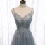 Charmant Gris Robe De Soirée 2020 Princesse Bretelles Spaghetti Perlage Cristal Paillettes Sans Manches Dos Nu Longue Robe De Ceremonie