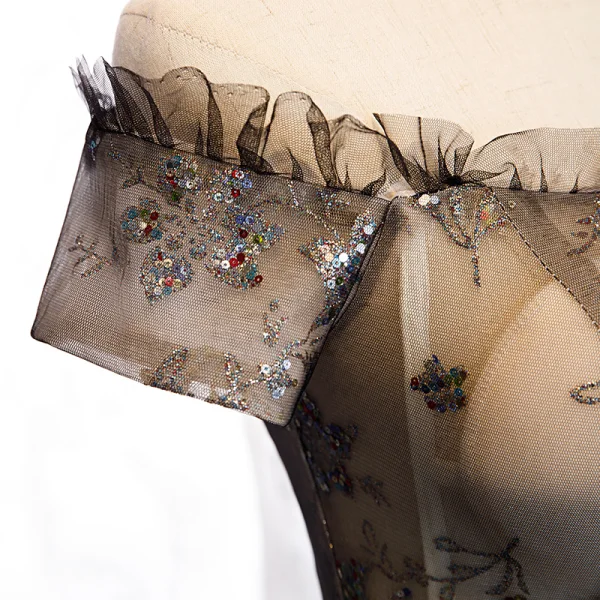 Élégant Noire Robe De Soirée 2020 Princesse De l'épaule Perlage Cristal Paillettes En Dentelle Fleur Manches Courtes Dos Nu Longue Robe De Ceremonie