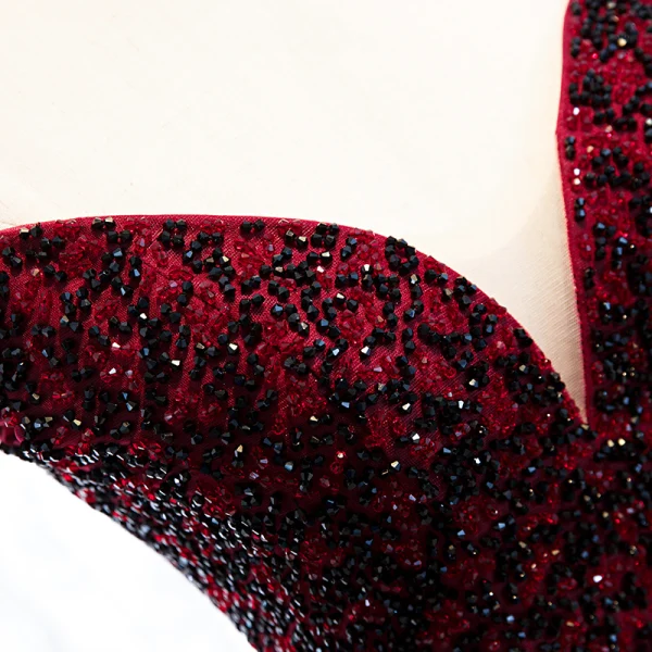 Classy Burgundy Evening Dresses 2020 A-Line / Princess Off-The-Shoulder Beading Crystal Short Sleeve Backless Floor-Length / Long Formal Dresses