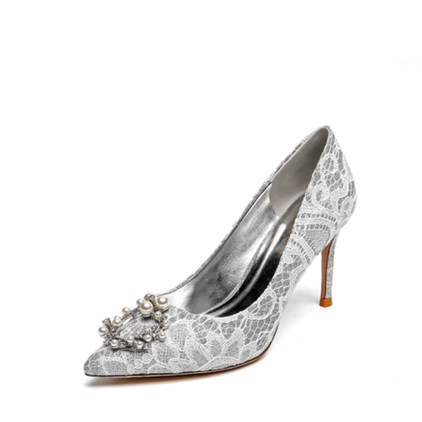 Charming Champagne Wedding Shoes 2020 Pearl Rhinestone Lace Flower 8 cm Stiletto Heels Pointed Toe Wedding Pumps