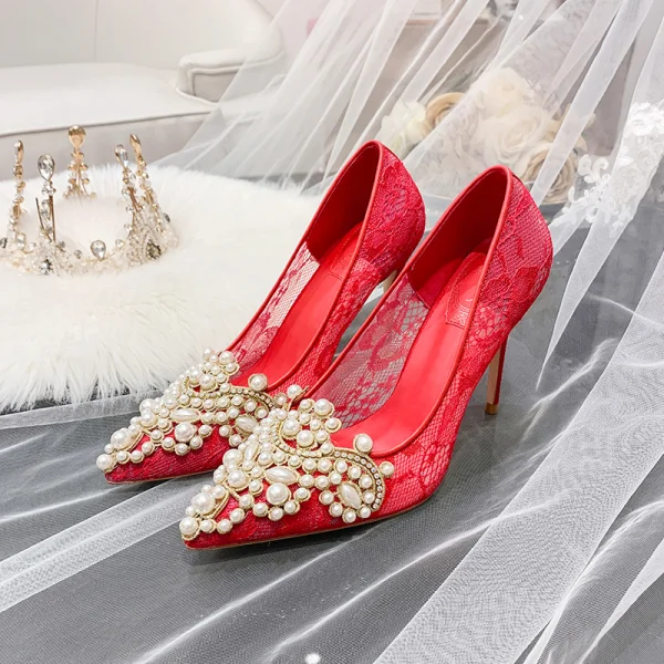 Charming Ivory Lace Wedding Shoes 2020 Leather Pearl Rhinestone 10 cm Stiletto Heels Pointed Toe Wedding Pumps