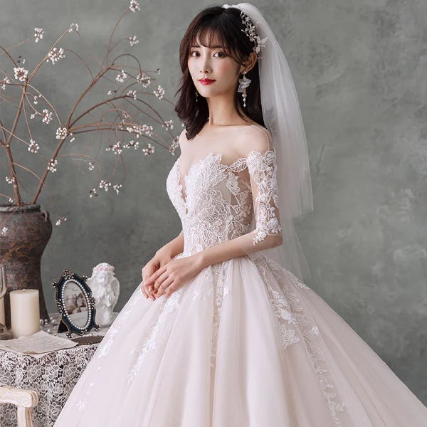 Luxury / Gorgeous Ivory Wedding Dresses 2020 Ball Gown Scoop Neck Beading Pearl Rhinestone 3/4 Sleeve Backless Cathedral Train