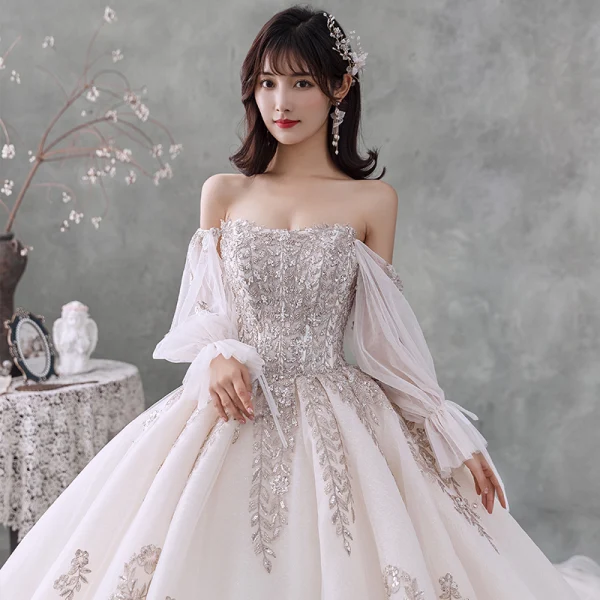 Luxury / Gorgeous Ivory Wedding Dresses 2020 Ball Gown Off-The-Shoulder Beading Crystal Sequins Long Sleeve Backless Royal Train