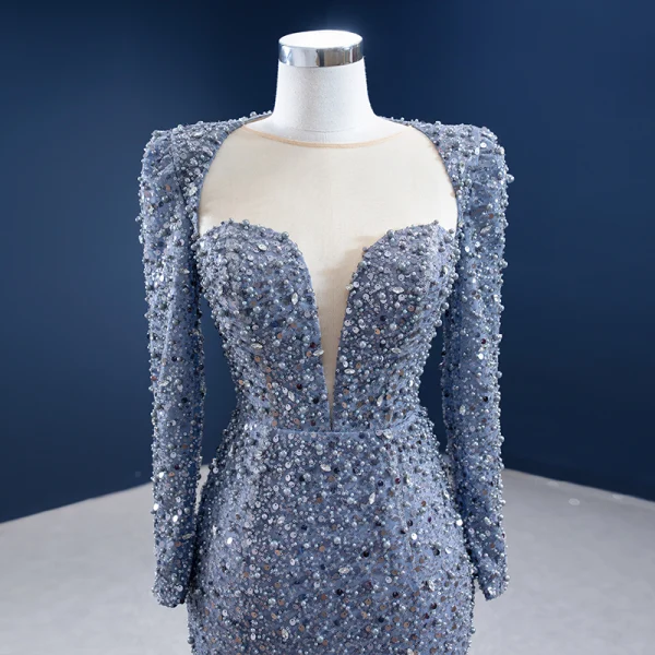 High-end Grey Beading Pearl Rhinestone Evening Dresses  2021 Trumpet / Mermaid Scoop Neck Sequins Long Sleeve Court Train Evening Party Formal Dresses