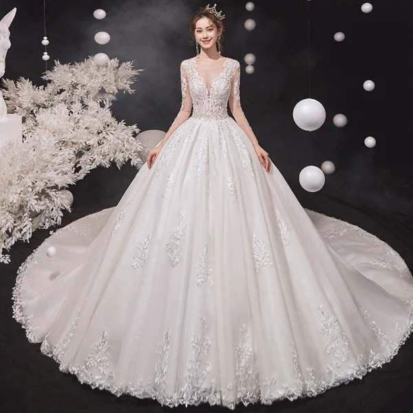 Luxury / Gorgeous Ivory Wedding Dresses 2020 Ball Gown Scoop Neck Beading Lace Flower Long Sleeve Backless Cathedral Train