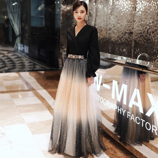 Mode Noire Robe De Soirée 2020 Princesse V-Cou Étoile Paillettes Faux Diamant Manches Longues Longue Robe De Ceremonie