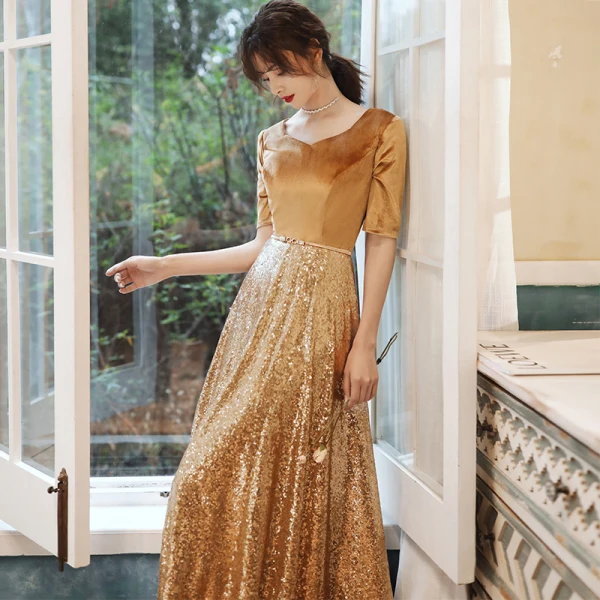 Sparkly Gold Evening Dresses  2020 A-Line / Princess Suede V-Neck Sequins 1/2 Sleeves Backless Floor-Length / Long Formal Dresses