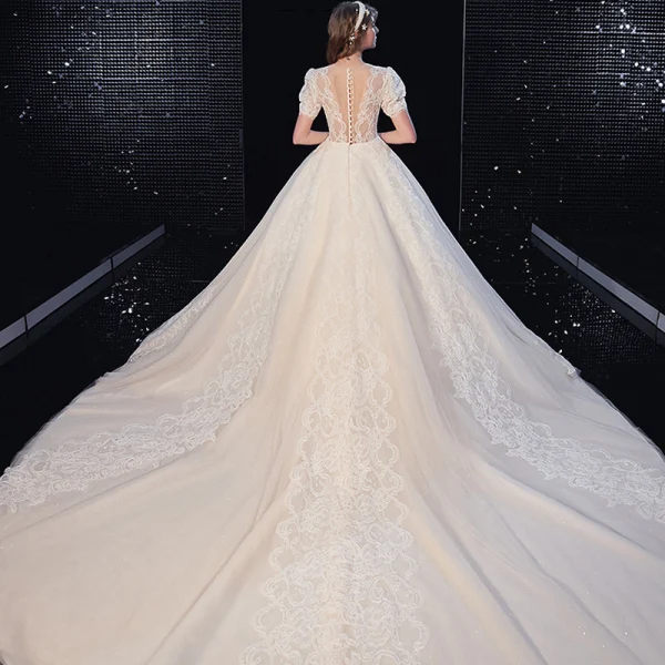 High-end Ivory Lace Flower Wedding Dresses 2020 Ball Gown Scoop Neck Beading Pearl Short Sleeve Covered Button Cathedral Train