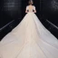 High-end Ivory Lace Flower Wedding Dresses 2020 Ball Gown Scoop Neck Beading Pearl Short Sleeve Covered Button Cathedral Train