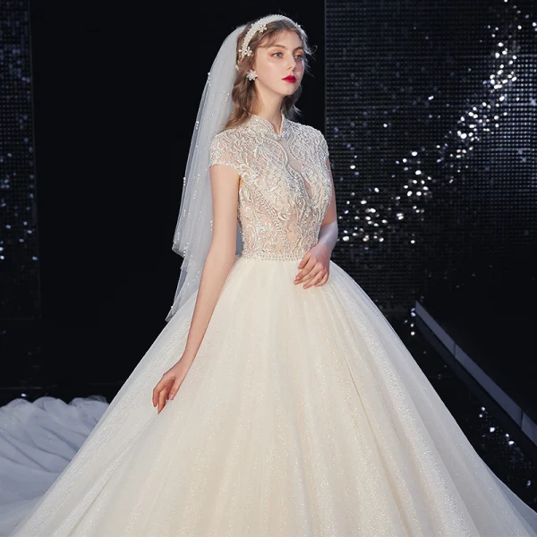 Chinese style Ivory Beading Wedding Dresses 2020 Ball Gown Scoop Neck Pearl Rhinestone Short Sleeve Backless Cathedral Train