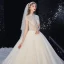 Chinese style Ivory Beading Wedding Dresses 2020 Ball Gown Scoop Neck Pearl Rhinestone Short Sleeve Backless Cathedral Train