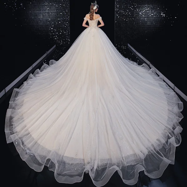 Luxury / Gorgeous Ivory Wedding Dresses 2020 Ball Gown Off-The-Shoulder Beading Rhinestone Sequins Short Sleeve Backless Royal Train