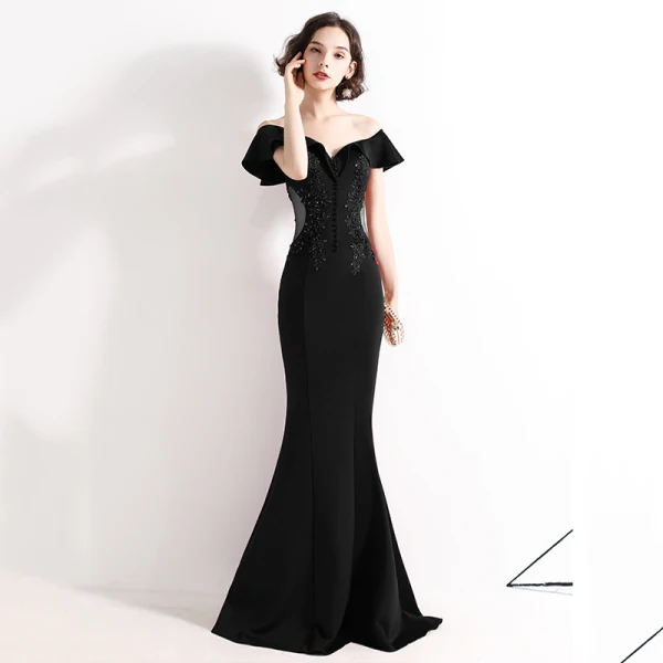 Chic / Beautiful Burgundy Evening Dresses 2020 Trumpet / Mermaid Off-The-Shoulder Beading Lace Flower Short Sleeve Backless Floor-Length / Long Formal Dresses