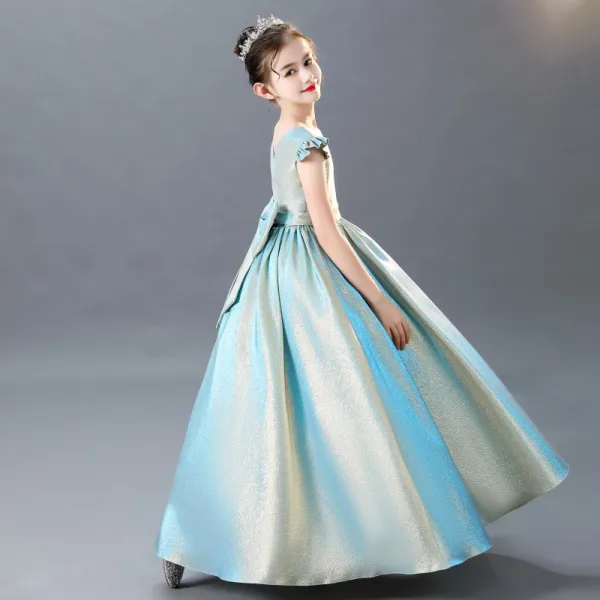Moderne / Mode Bleu Ciel Ceinture Anniversaire Robe Ceremonie Fille 2021 Princesse Encolure Dégagée Dos Nu Noeud Sans Manches