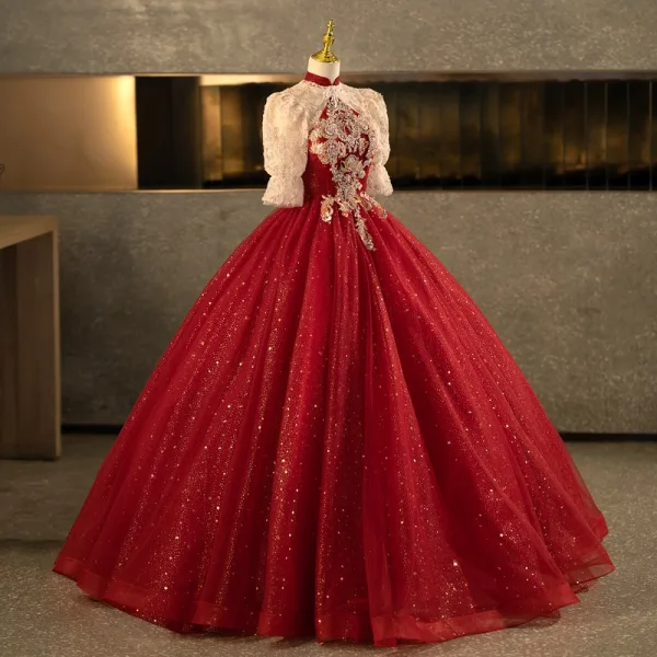 Bling Bling Burgundy Beading Pearl Sequins Flower Prom Dresses 2025 Ball Gown High Neck Short Sleeve Backless Floor-Length / Long Formal Dresses