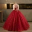 Bling Bling Burgundy Beading Pearl Sequins Flower Prom Dresses 2025 Ball Gown High Neck Short Sleeve Backless Floor-Length / Long Formal Dresses