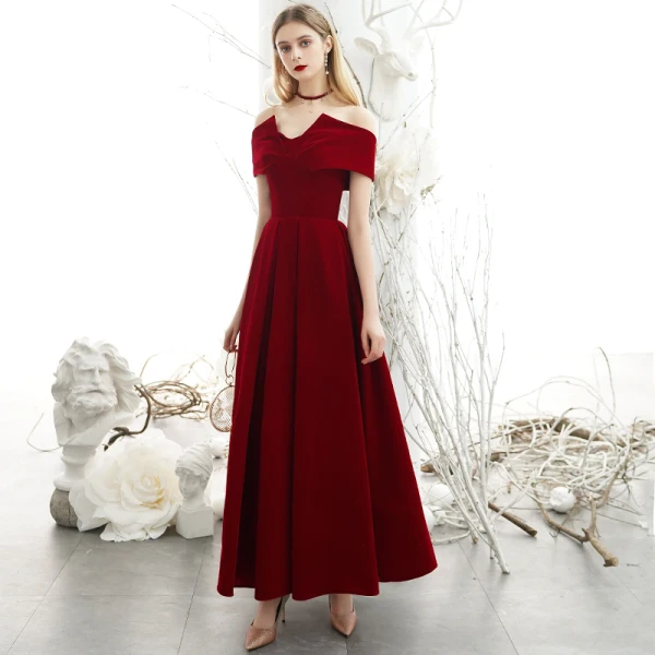 Chic / Beautiful Burgundy Suede Evening Dresses 2020 A-Line / Princess High Neck Off-The-Shoulder Short Sleeve Backless Floor-Length / Long Formal Dresses