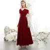 Chic / Beautiful Burgundy Suede Evening Dresses  2020 A-Line / Princess High Neck Off-The-Shoulder Short Sleeve Backless Floor-Length / Long Formal Dresses