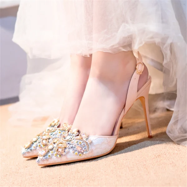 Sjarmerende Elfenben Krystall Brudesko 2020 Lær Rhinestone 10 cm Stiletthæler Spisse