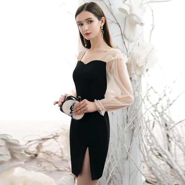 Sexy Noire Robe De Fete 2020 Encolure Carrée Manches Longues Dos Nu Courte Robe De Ceremonie